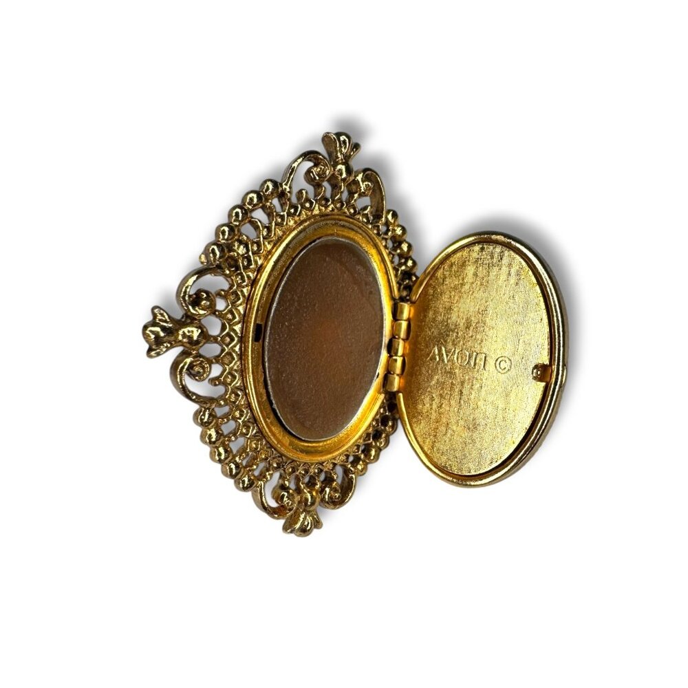 Vintage Avon Gold Tone Cameo Perfume Solid Locket Brooch - Picture 4 of 10